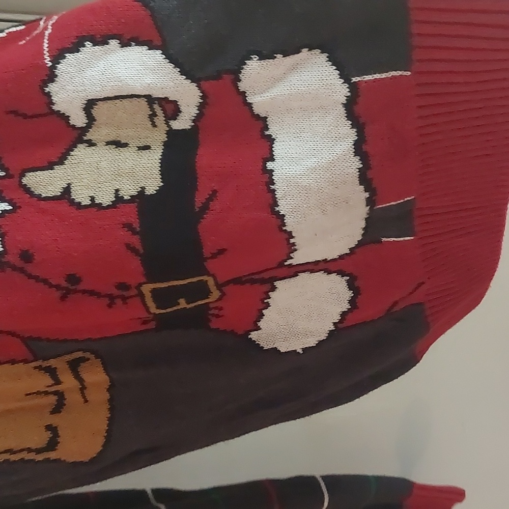 Ugly Christmas Sweater Dark Gray Red Multi Santa Holding A Tasty Beverage Sz L - Picture 14 of 16
